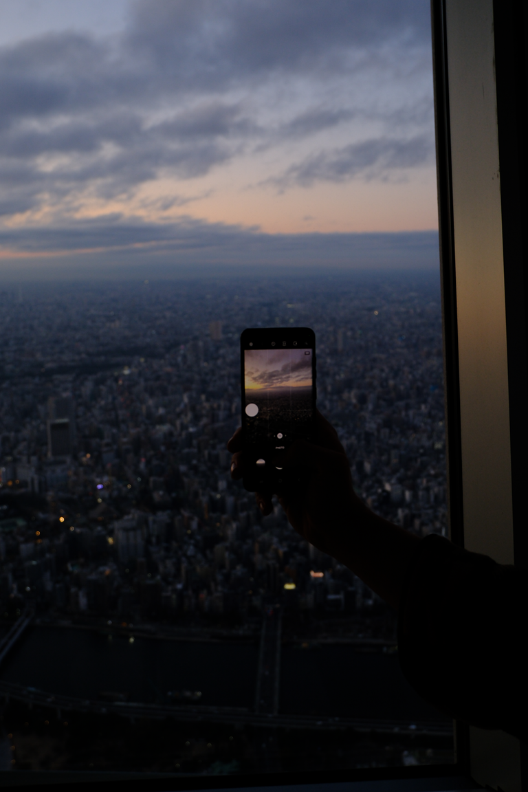 A beautiful cityscape from above. Someone is holding their phone in front of it.